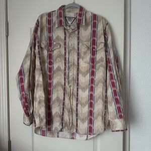 Vintage 90s Men's Western Button Down Shirt with Red and Beige Stripes